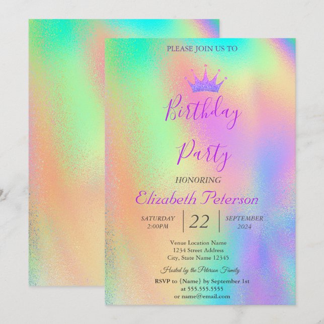 Chic Glitzer Tiara Rainbow Holographic Birthday Einladung (Vorne/Hinten)