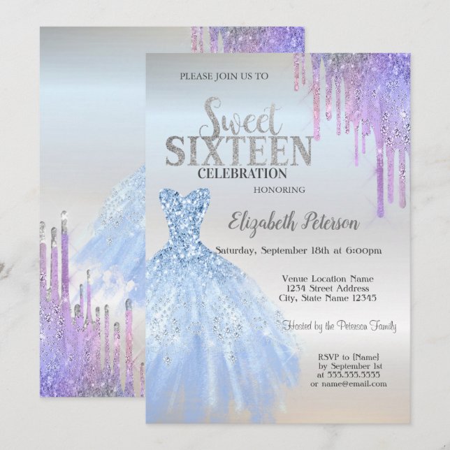 Chic Glitzer Tropfen, Blue Dress Silver Sweet 16 Einladung (Vorne/Hinten)