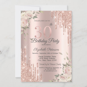 Chic Glitzer Tropfen,Blume Rose Gold 30. Geburtsta Einladung