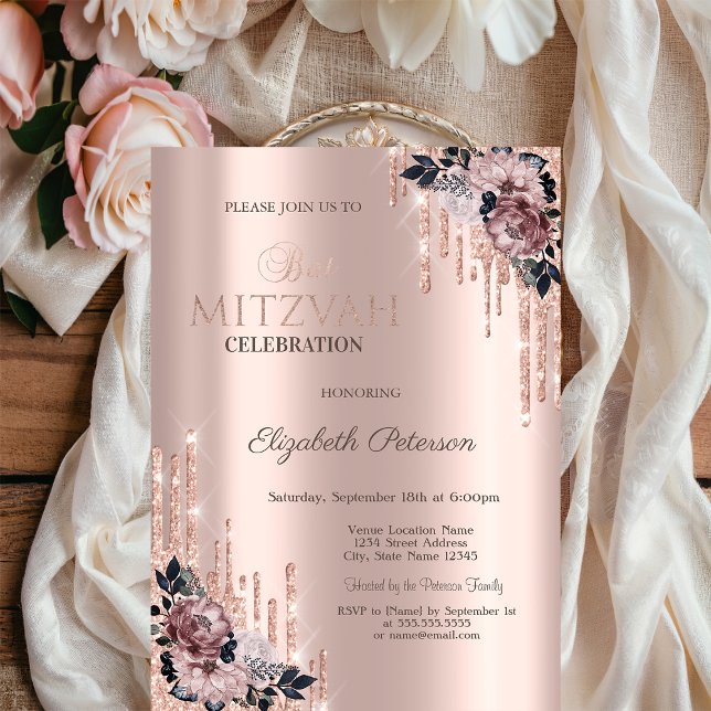 Chic Glitzer Tropfen Blume Rose Gold Bat Mitzvah Einladung (Von Creator hochgeladen)