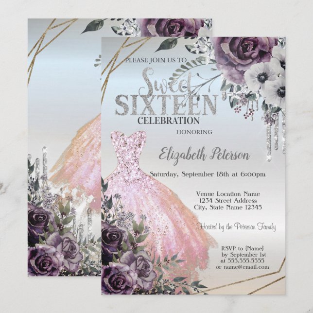 Chic Glitzer Tropfen, Dress Blume Sweet 16 Einladung (Vorne/Hinten)