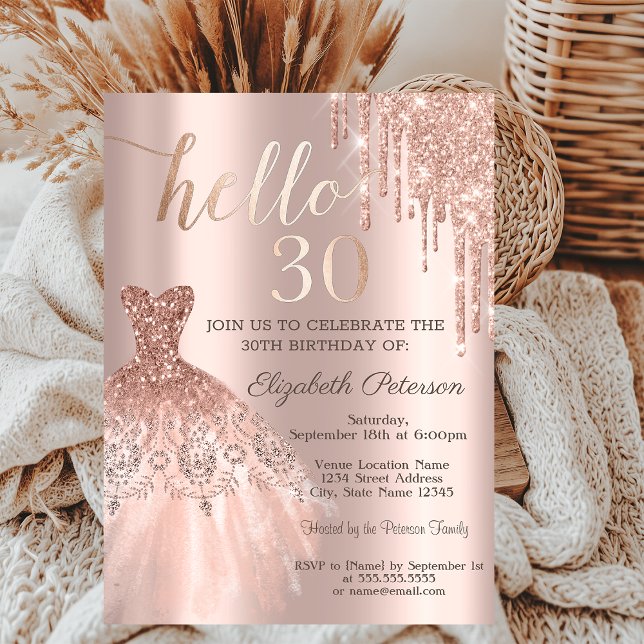 Chic Glitzer Tropfen Dress Rose Gold 30. Geburtsta Einladung (Von Creator hochgeladen)