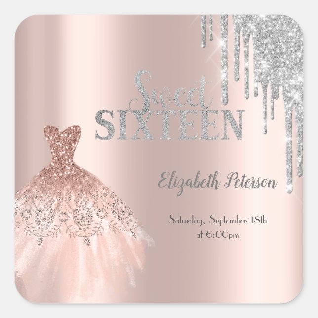 Chic Glitzer Tropfen, Dress Rose Gold Sweet 16 Quadratischer Aufkleber (Vorderseite)