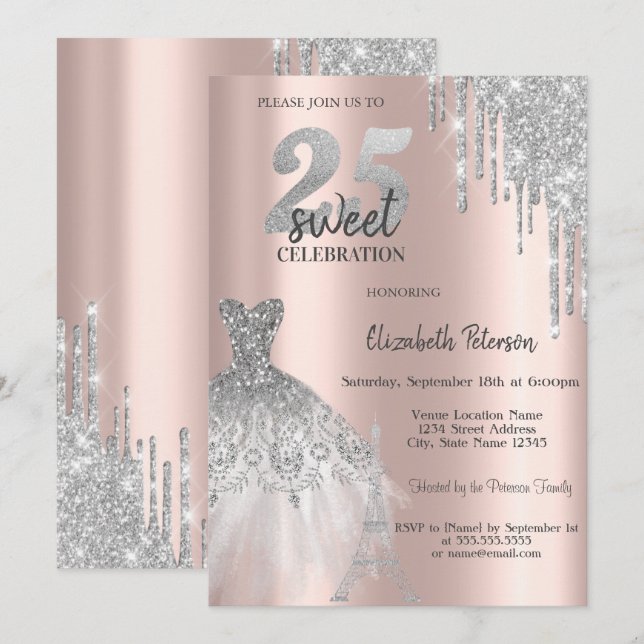 Chic Glitzer Tropfen, Eiffelturmkleid Sweet 25 Einladung (Vorne/Hinten)