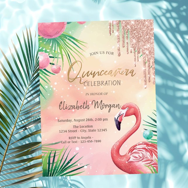 Chic Glitzer Tropfen Pink Flamingos Quinceañera Einladung (Von Creator hochgeladen)
