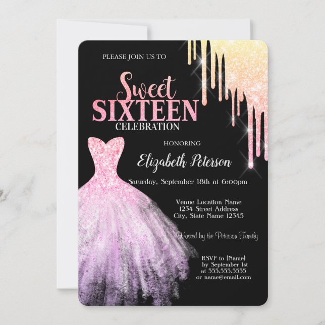 Chic Glitzer Tropfen, rosa Kleid Schwarz Sweet 16 Einladung (Vorderseite)