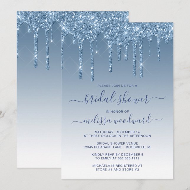 Chic Glitzer Tropfens Blue Ombre Brautparty Einladung (Vorne/Hinten)