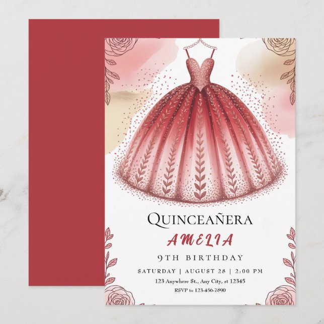 Chic Glitzer und Floral Quinceñera Einladung (Vorne/Hinten)