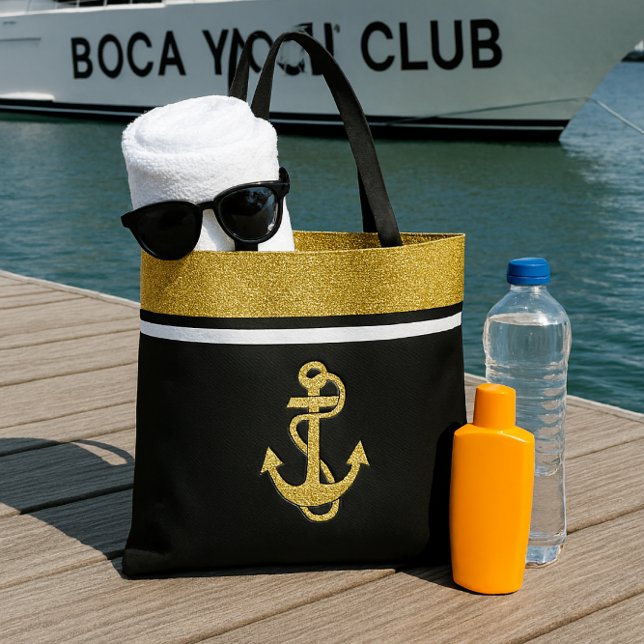 Chic Glitzer und Gold Nautical Anker auf Black Tasche (add glam bag to your cruising or day on the water )