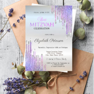 Chic Glitzer Violet Tropfen Silver Bat Mitzvah Einladung