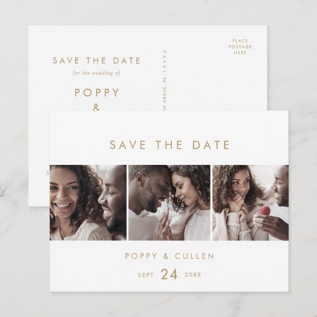 Chic Gold 3 Foto Template Save the Date Einladungspostkarte (Vorne/Hinten)
