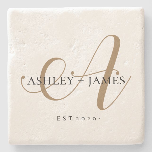 Chic Gold A Monogram Script Name Wedding Date Steinuntersetzer (Vorderseite)