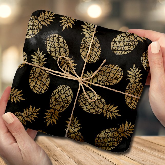 Chic Gold Ananas Tropical Black Seidenpapier (Von Creator hochgeladen)