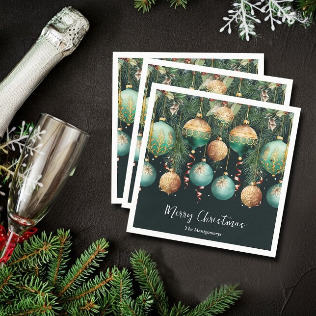 Chic Gold and Green Christmas Tree Ornaments Serviette (Chic gold and green Christmas tree ornaments cocktail napkins)