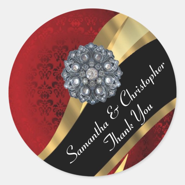 Chic gold and Red Damask Siegel Runder Aufkleber (Vorderseite)