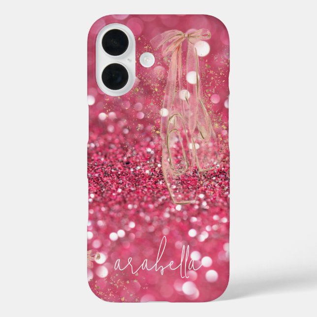 Chic Gold Ballerina Dance Shoes Pink Glitzer iPhone 16 Hülle (Rückseite)