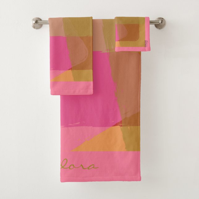 Chic Gold Beige Pink Orange Abstraktes Muster Badhandtuch Set (Insitu)