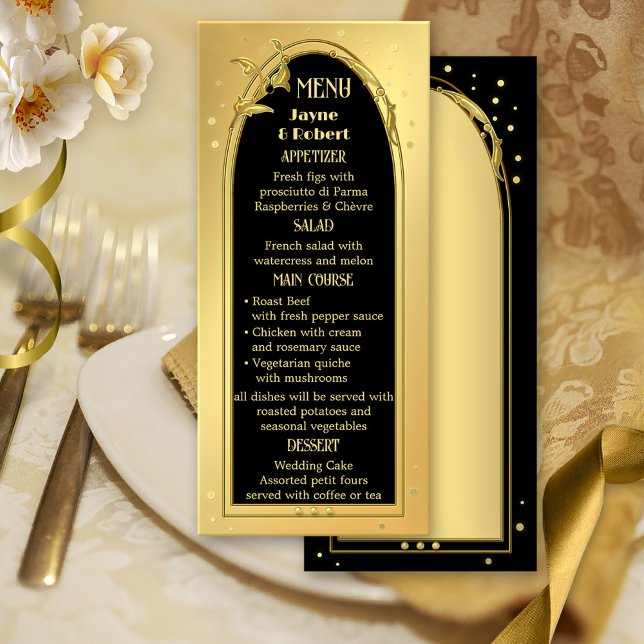 Chic Gold Black Deko Style Wedding Menükarte (Elegant menu card featuring a gold and black design with sparkling confetti.)