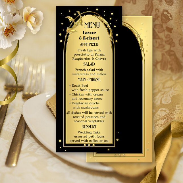 Chic Gold Black Deko Style Wedding Menükarte (Elegant menu card featuring a gold and black design with sparkling confetti.)