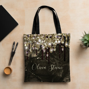 Chic gold Black Drippings Glitzer Monogramm Tasche