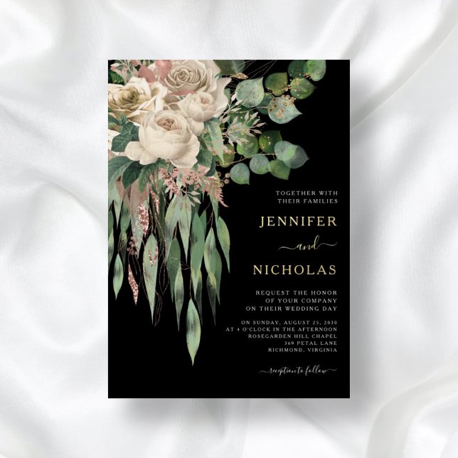 Chic Gold Black Floral Wedding Foil Einladung (Von Creator hochgeladen)