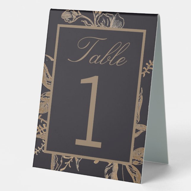 Chic Gold & Black Imitats Metal Floral Foto Hochze Tischaufsteller (Vorderseite)