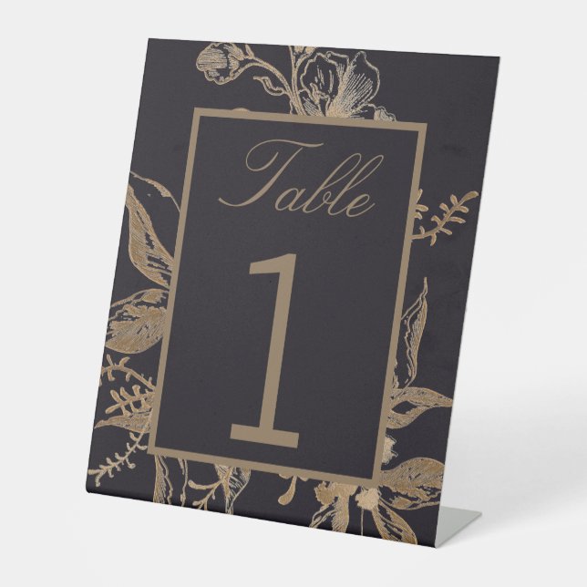 Chic Gold & Black Imitats Metal Floral Wedding Tab Sockelschild (Vorderseite)