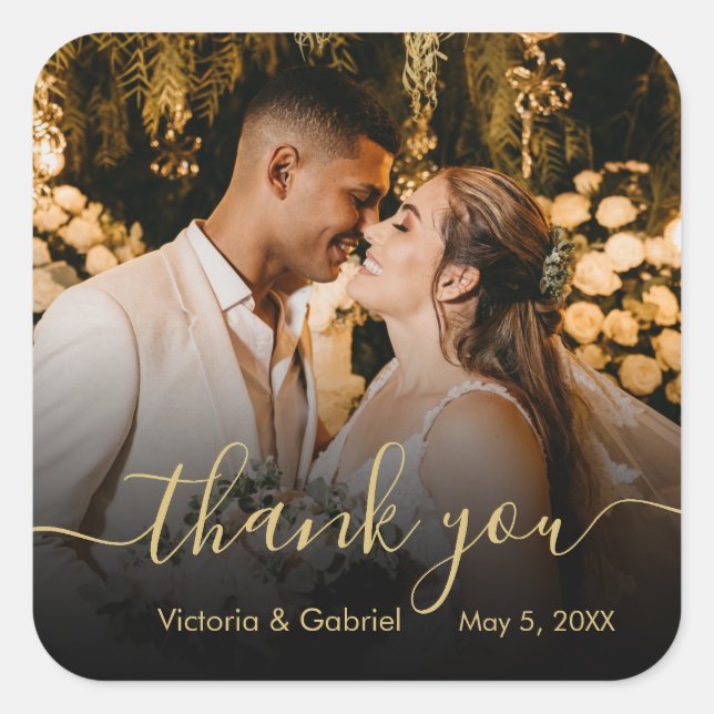 Chic Gold Black Script Hochzeit Danke Foto Quadratischer Aufkleber (Vorderseite)