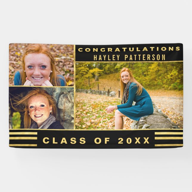 Chic Gold Black Stripes Abschluss Foto Banner (Horizontal)