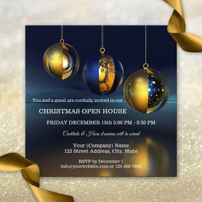 Chic Gold Blue Artistic Christmas Party Einladung (An elegant modern Christmas Holiday invitation featuring gold metallic with blue Christmas baubles)