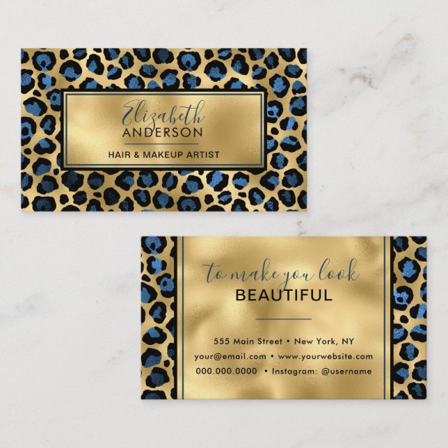 Chic Gold Blue Leopard Print Fashion Modern Visitenkarte (Vorne/Hinten)