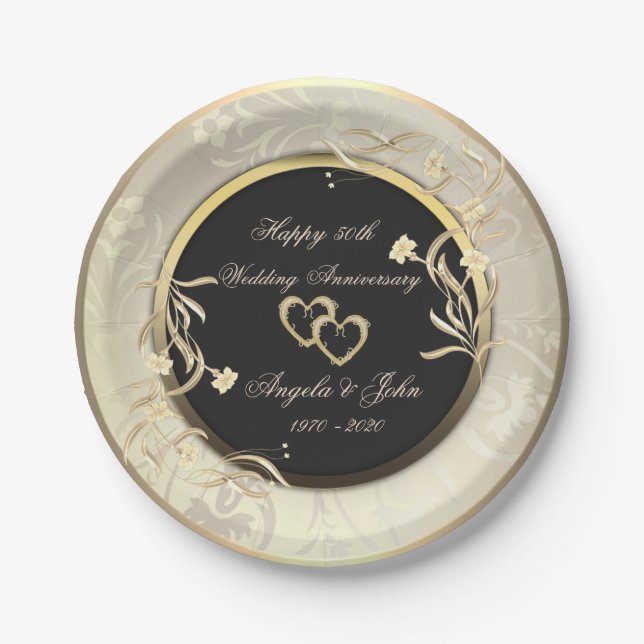 Chic Gold Blume Herz 50. Hochzeit Anniversar Pappteller (Vorderseite)