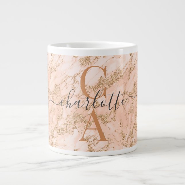 Chic Gold Blush Pink Marmor Glitzer Initialen Name Jumbo-Tasse (Vorderseite)