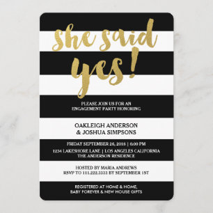 Chic Gold   Bold Black Strip Engagement Party Einladung