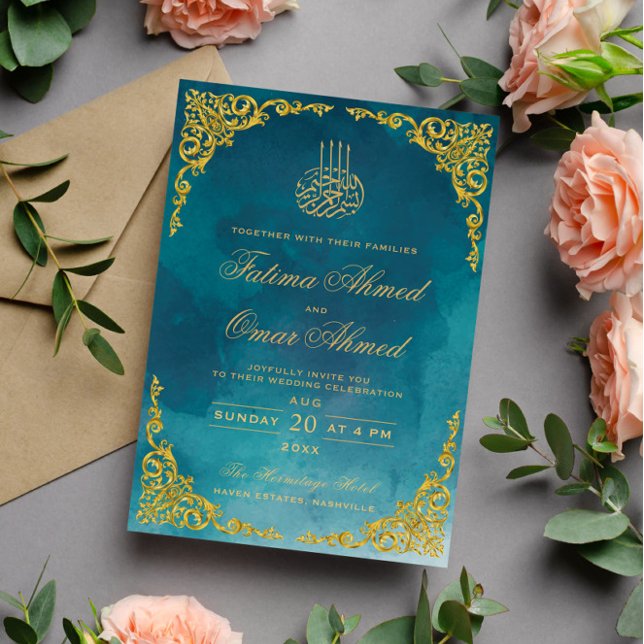 Chic Gold Border Türkis Islamische Hochzeit Einladung (Von Creator hochgeladen)