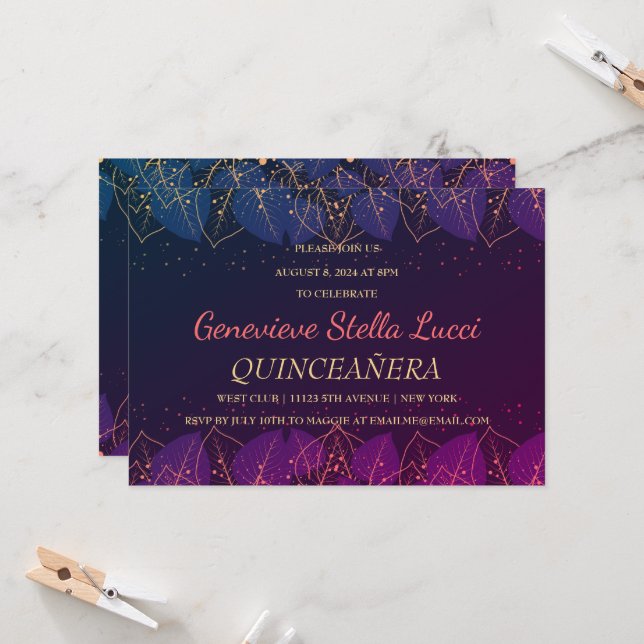 Chic Gold Botanical Quinceñera Party Einladung (Vorderseite/Rückseite Beispiel)
