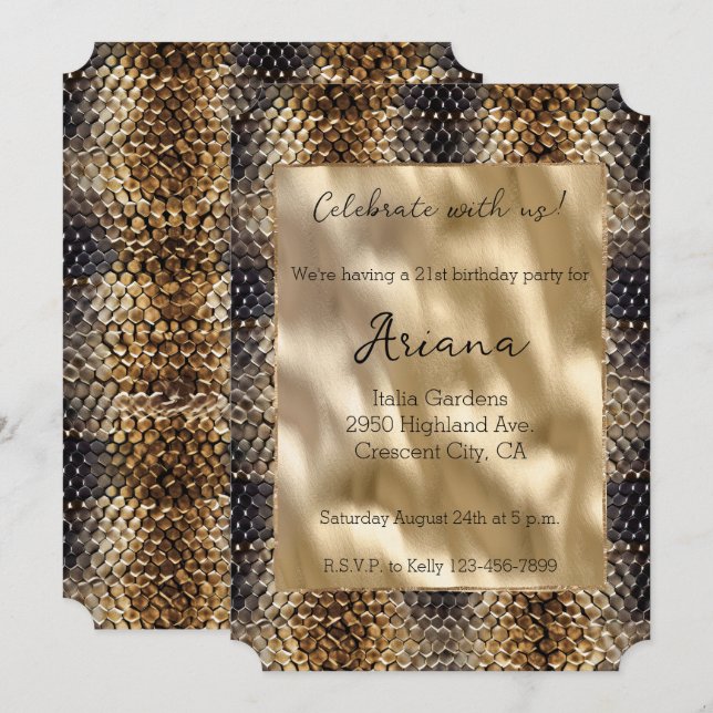 Chic Gold Bronze Black Snake Skin Einladung (Vorne/Hinten)