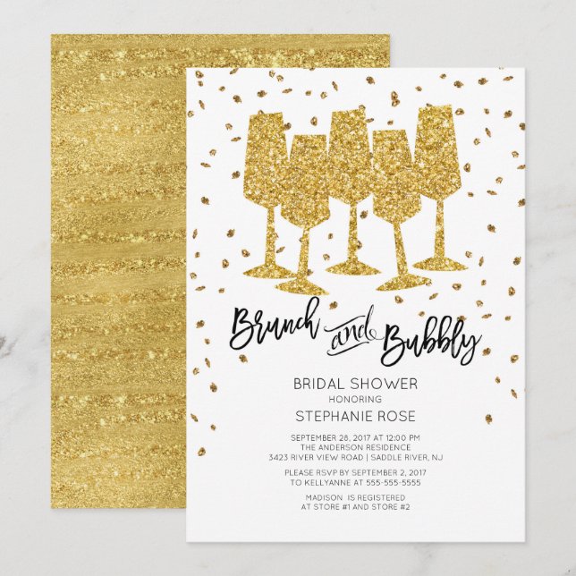 Chic Gold Brunch & Bubbly Bridal Shower Invitation (Devant / Derrière)