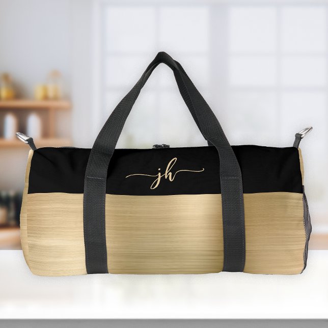 Chic Gold Brushed Metal Black Script Monogram Duffle Bag (Von Creator hochgeladen)