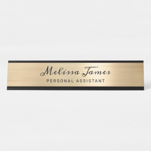 Chic Gold Brushed Metal Black Script Name Schreibtischnamensplakette (Vorderseite )