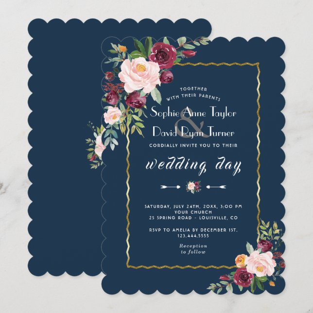Chic Gold Burgundy Blush Bloral Blue Wedding Einladung (Vorne/Hinten)