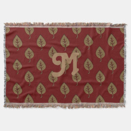 Chic Gold Burgundy Red Leaf Custom Monogram Decke