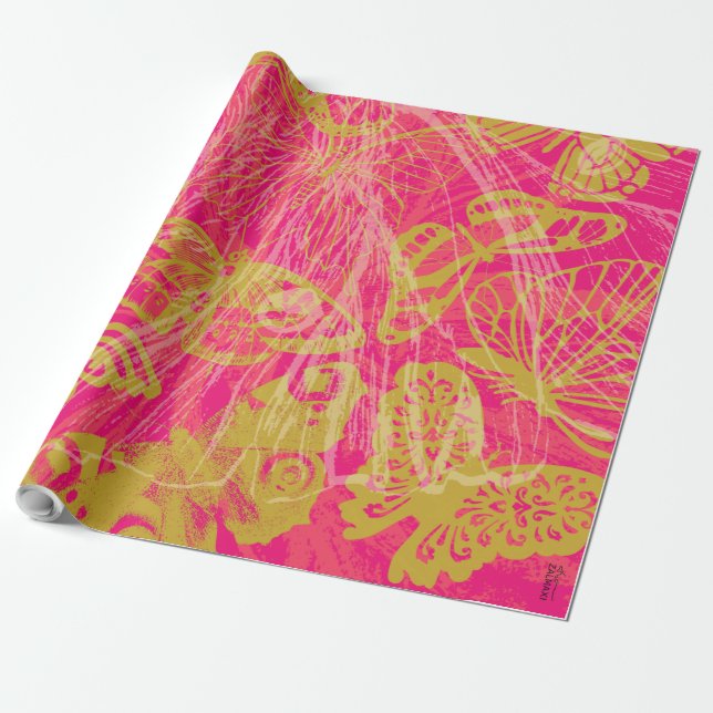 Chic Gold Butterfly Fuchsia Geschenkpapier (Ungerollt)