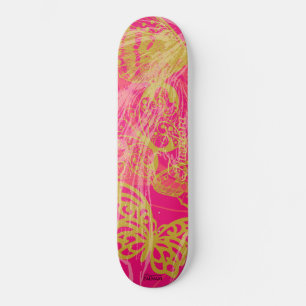 Chic Gold Butterfly Fuchsia Skateboard