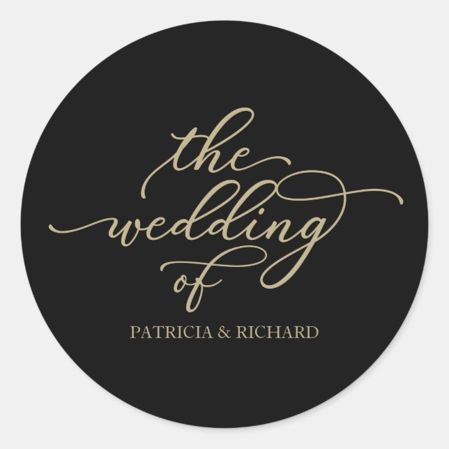 Chic Gold Calligraphy Black Wedding Runder Aufkleber (Vorderseite)