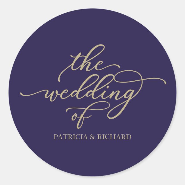 Chic Gold Calligraphy Navy Blue Wedding Runder Aufkleber (Vorderseite)