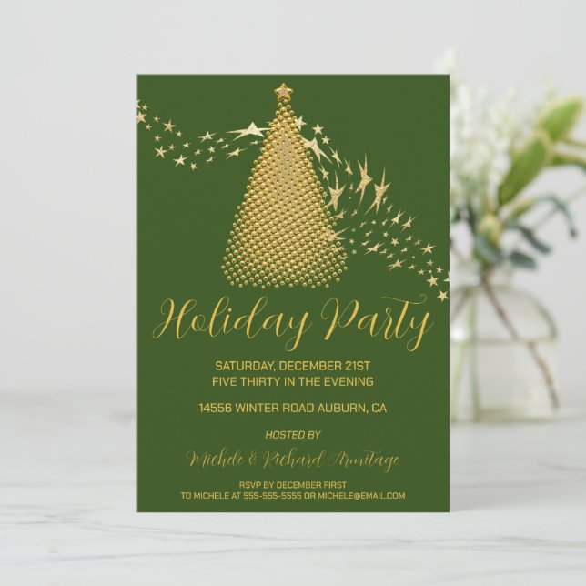 Chic Gold Christmas Tree Fête Invitation (Debout devant)