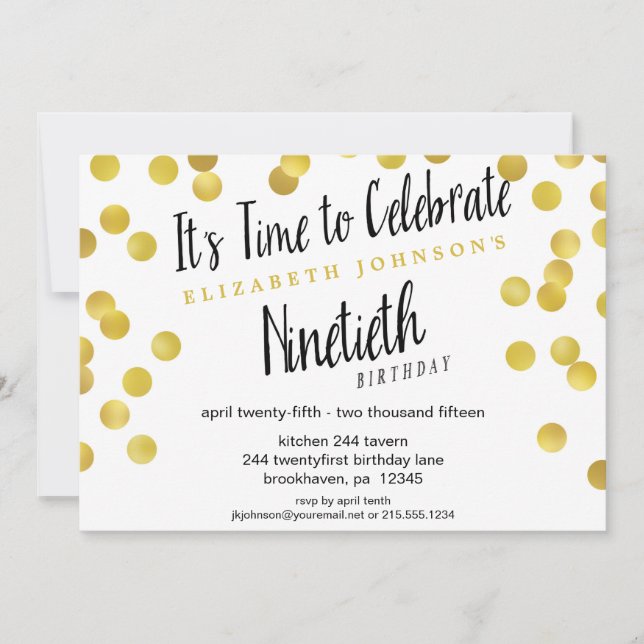 Chic Gold Confetti 90e anniversaire Invitation de  (Devant)