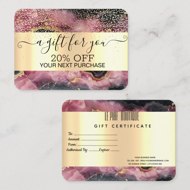 Chic Gold Confetti, Burgund Marble Gold Rabattkarte (Vorne/Hinten)