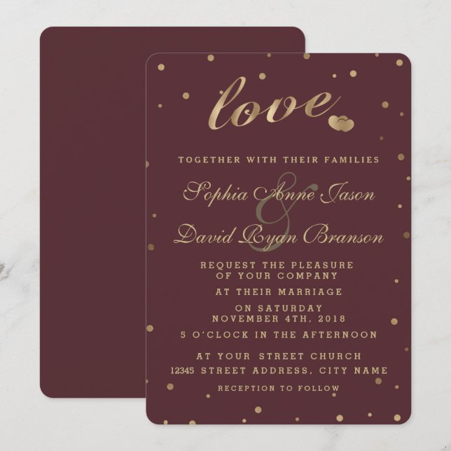 Chic Gold Confetti Liebe Burgundy Wedding Einladun Einladung (Vorne/Hinten)